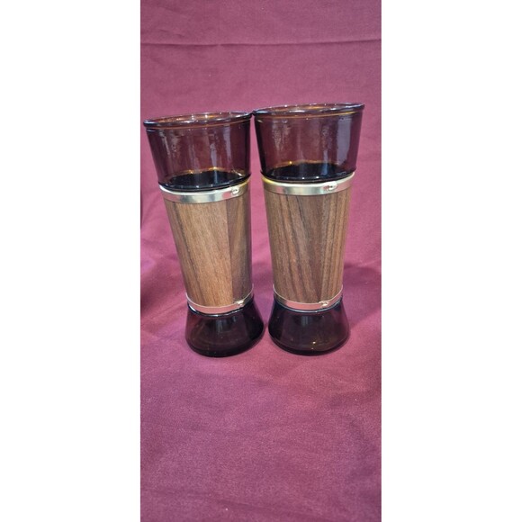 2 Vintage Siesta Ware MCM Amber With Wood Trim Glasses Tiki Bar Brown Gold Tone - Picture 3 of 6
